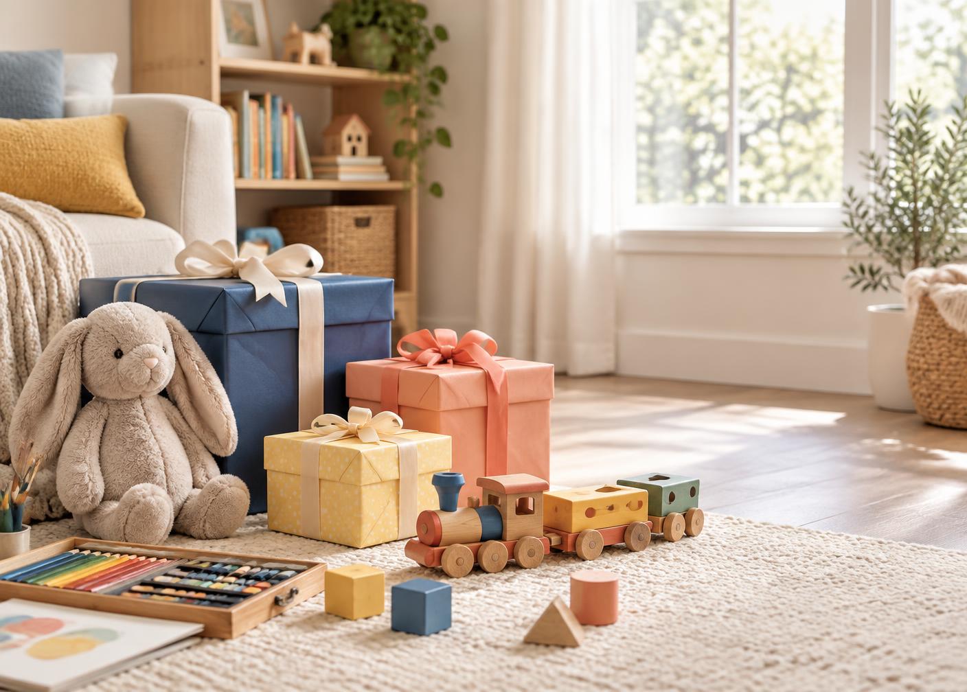 Wrapped gifts, a wooden train and plush rabbit in a sunlit family room