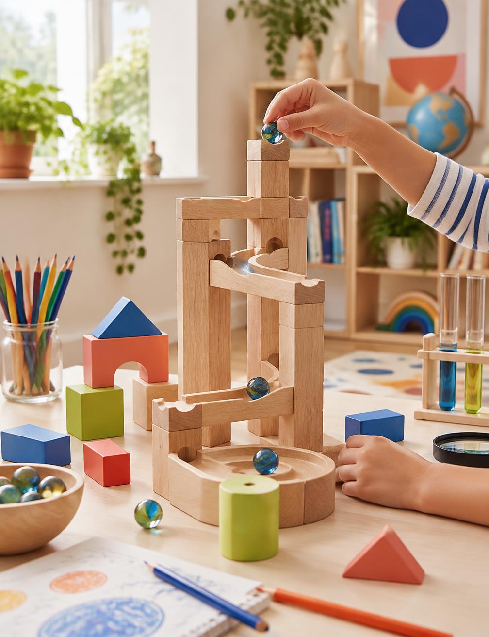 Hands exploring a wooden marble run in a creative studio